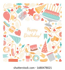 Vector birthday card with cake and candles, sweets, balloons and confetti on a white background. Image in a flat style.