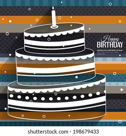 Vector birthday card with cake on stripes colorful background.