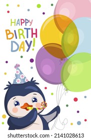 Vector birthday card in cartoon style with a drawn penguin with balloons and a pipe in a festive hat and handwritten wishes
