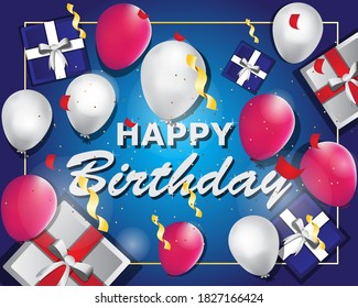 Vector Birthday Card with Colorful Balloons and Gifts Box