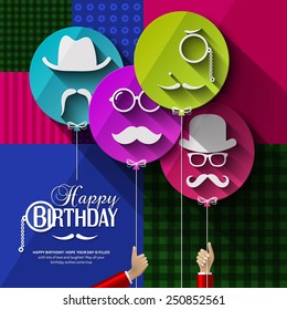 Vector birthday card. Colorful balloons in flat design. Silhouettes on hipster style. Mustaches.