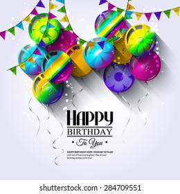 Vector birthday card with colorful balloons and bunting flags.