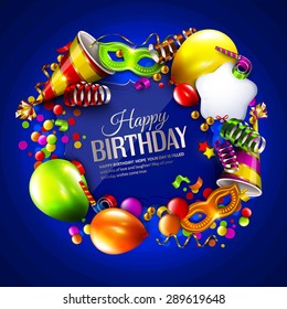 Vector birthday card with colorful balloons, curling ribbons, carnival mask, hat and confetti on blue background.