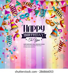 Vector birthday card with colorful curling ribbons, birthday mask, hat and confetti.