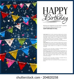 Vector birthday card with confetti and bunting flags.