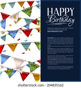 Vector birthday card with confetti and bunting flags.