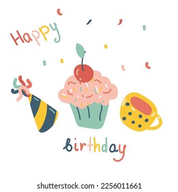 Vector birthday card with cupcake. Collection of mug, hat and cupcake