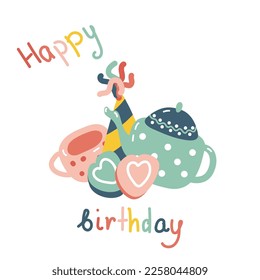 Vector birthday card with cupcake. Collection of mug, hat and cupcake