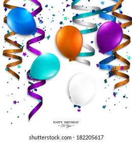 Vector birthday card with curling stream, confetti, balloons, and birthday text.