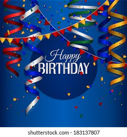 Vector birthday card with curling stream, confetti and birthday text.