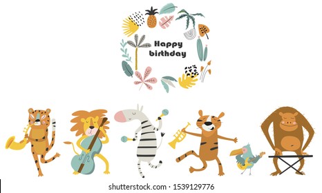 Vector birthday card with cute animals playing music instruments.