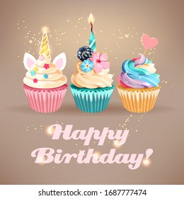 Vector birthday card with cute cupcake and sparkle