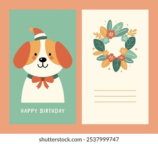 Vector Birthday Card with Cute Dog and Floral Wreath - Perfect for Greeting Cards, Invitations, and Printables