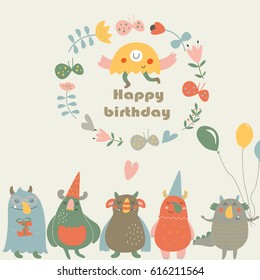 Vector birthday card with cute funny monsters and flowers in cartoon style