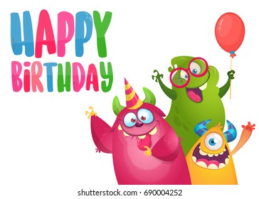 Vector birthday card with cute funny monsters in cartoon style. Design for poster or print decoration