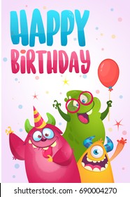 Vector birthday card with cute funny monsters in cartoon style. Design for poster or print decoration. Cartoon monsters set