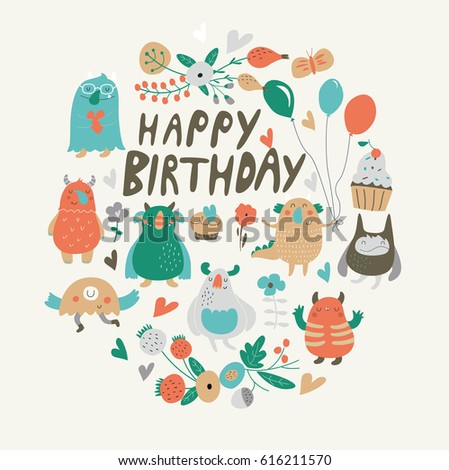 Vector birthday card with cute funny monsters and flowers in cartoon style