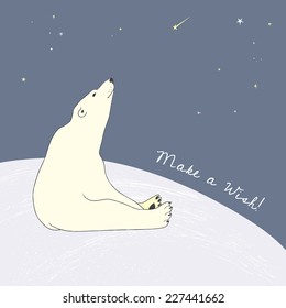 Vector birthday card with cute polar bear character under star shower.