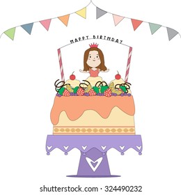 Vector birthday card with cute small princess and birthday cake.