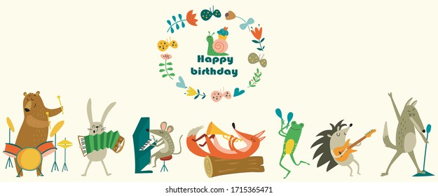 Vector Birthday Card with Cute Wood Animals Playing Music Instruments. Cartoon Style
