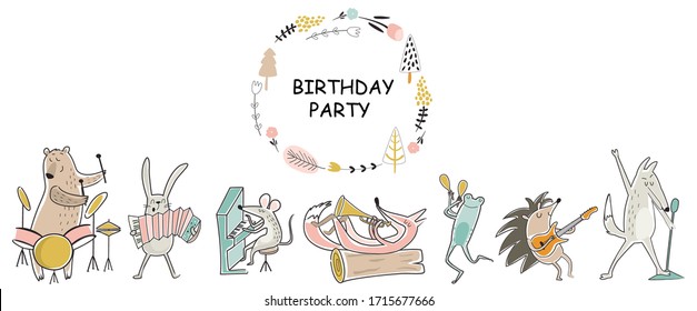 Vector Birthday Card with Cute Wood Animals Playing Music Instruments. Cartoon Style