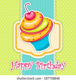 Vector birthday card design with cherry cupcake