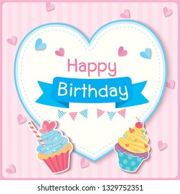 Vector of Birthday card design with cute cupcakes on heart frame.