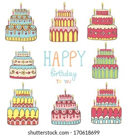 Vector birthday card with different cake with candles and text "Happy birthday to you"