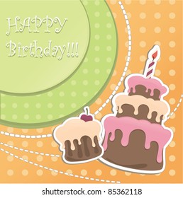 vector Birthday card with fabric background and image of cakes and stitches