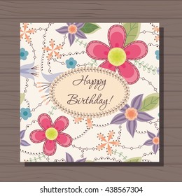 Vector birthday card with flowers vintage on wooden background