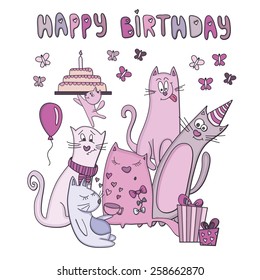 Vector birthday card with funny cats. 