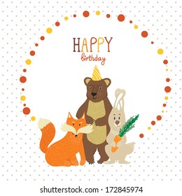 Vector birthday card with funny forest animals: bear, fox and rabbit with decor elements and text "Happy birthday to you" on the doted background