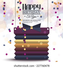 Vector birthday card with gift box in the style of flat folded paper.