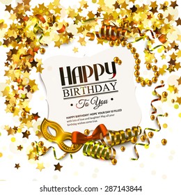 Vector birthday card with golden stars and pearls, curling ribbons, carnival mask and confetti.