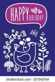 Vector Birthday Card, Greetings Card, with Chalk Designs , Typography and Floral Background.