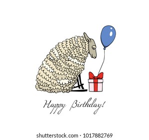 Vector Birthday card with hand drawn funny sheep sitting in front of a birthday present. Beautiful design elements, ink drawing, funny illustration