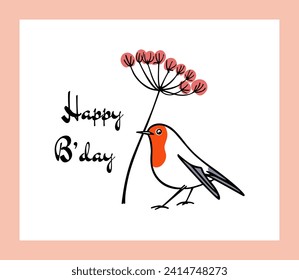 Vector Birthday card with hand drawn sweet Robin bird with blooming umbel in its beak. Ink drawing, decorative graphic style. Beautiful animal design elements