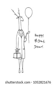 Vector birthday card. Vector illustration of hand drawn refined deer with a cake and balloons. Beautiful ink drawing, funnyl illustration