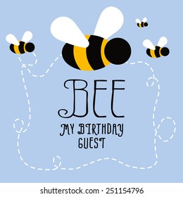 Vector birthday card invitation with bee and blue background. Illustration and vector design.