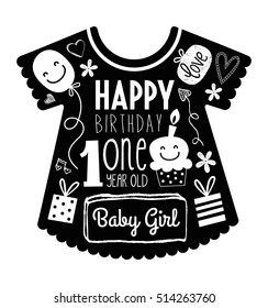 Tarjeta de cumpleaños vectorial para una niña de un año.
con fondo de ropa de bebé lleno de decoraciones y tipografía.