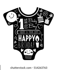 Vector Birthday Card For One Year Old Baby Boy.
With Baby Clothes Background Full Of Decorations And Typography.