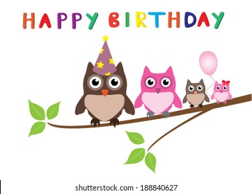 vector birthday card with owl family