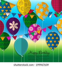 Vector birthday card with paper balloons, bunting flags and birthday text.