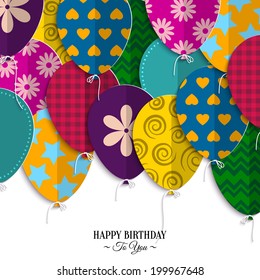 Vector birthday card with paper balloons and birthday text.