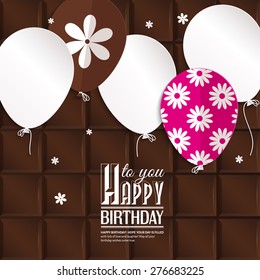 Vector birthday card with paper balloons on chocolate background.