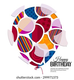 Vector birthday card with paper balloons in the style of cutouts.