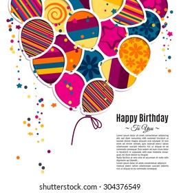 Vector birthday card with paper balloons in the style of cutouts.