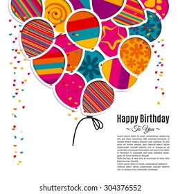 Vector birthday card with paper balloons in the style of cutouts.