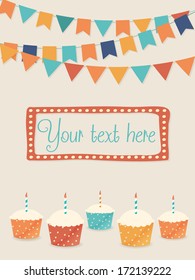 Vector birthday card with party flags and cupcakes (space for your text available)