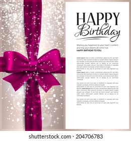 Vector birthday card with pink ribbon and birthday text.